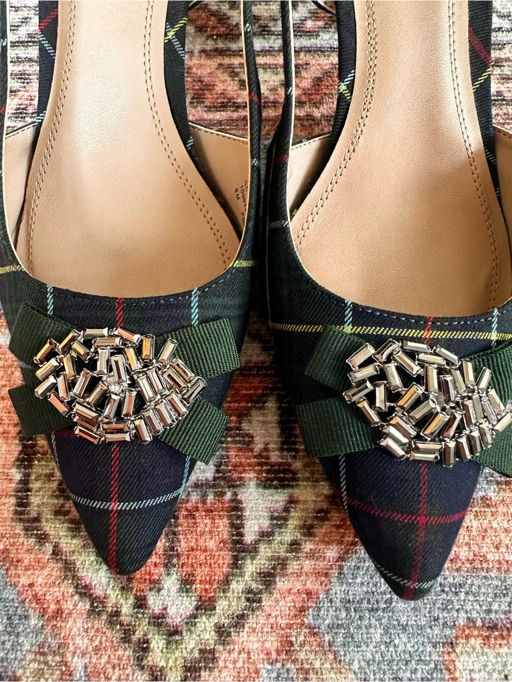 Charter Club Tartan Plaid Jeweled Bow Slingback Kitten Heels Pumps 9M